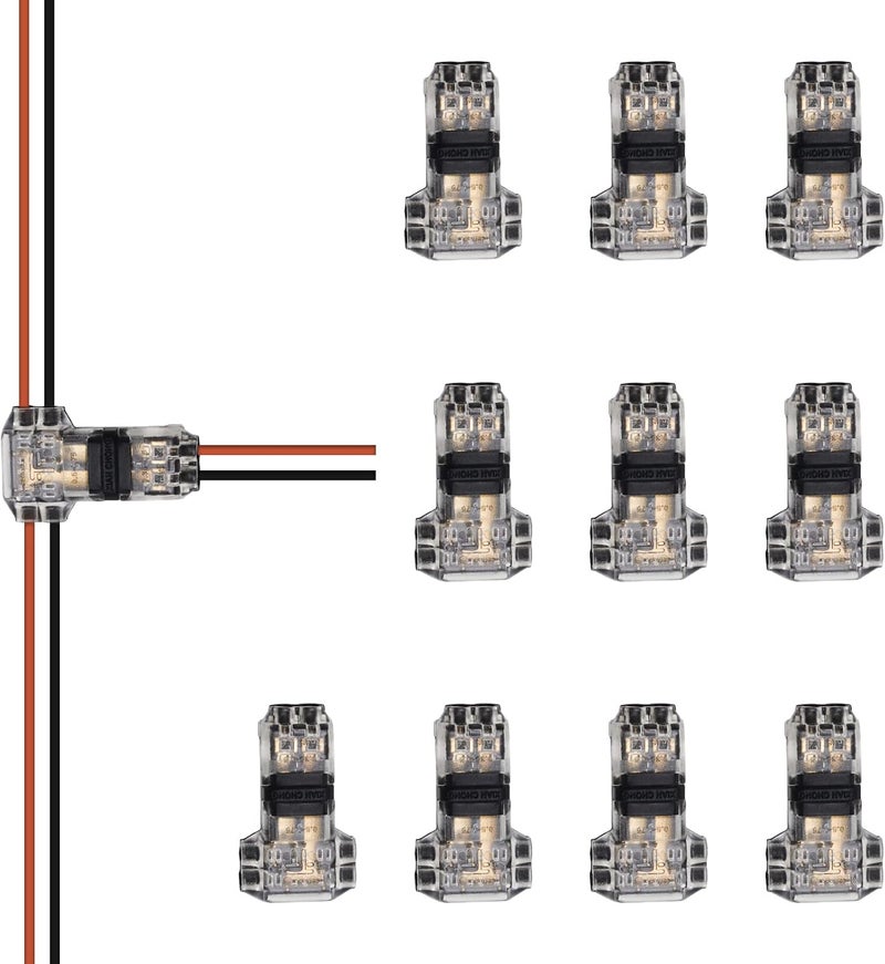 PAUTIX 10 Pcs Wire Connectors,2 Pin 2 Way Low Voltage Universal Compact Wire T Tap Splitters Connectors,18-22AWG Electrical Wire Connection Self-Stripping Quick Splice,for COB LED Strip Lights - Image 1